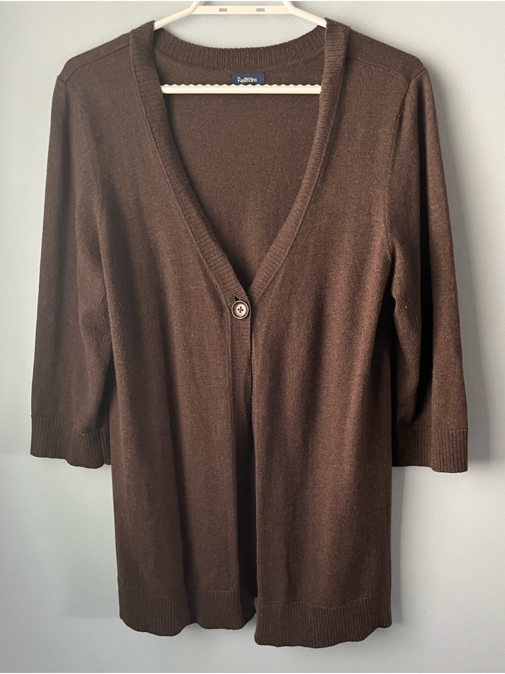 Reitmans Brown Cotton Blend V-Neck One Button 3/4 Sleeve Cardigan Sweater Size L